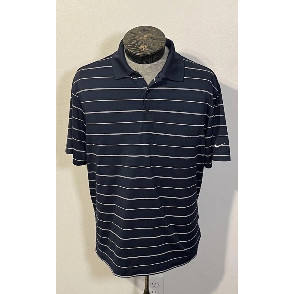 Nike Golf Polo Shirt Mens Medium Blue White Stripe‎ Dri-FIT 358325-419